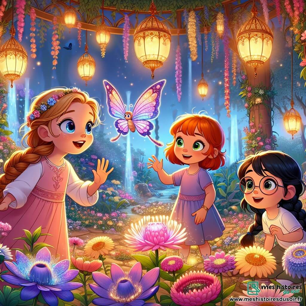 Dans un jardin suspendu magique, quatre filles sont réunies. Mia, six ans, se tient au centre, émerveillée par les fleurs brillantes. À sa droite, Lila, également six ans, touche une fleur changeant de couleur. À gauche, Emma, aux cheveux roux et lunettes, observe un papillon géant. Enfin, Zoé, avec des cheveux noirs, parle à une plante. Le jardin est enchanteur, rempli de fleurs éclatantes, de ruisseaux et d'arbres majestueux. Les lanternes flottent, illuminant le tout d'une douce lumière dorée. Les quatre amies découvrent la magie du jardin, émerveillées par les fleurs et le papillon qui leur révèle des secrets sur Luminosia, leur ville futuriste.