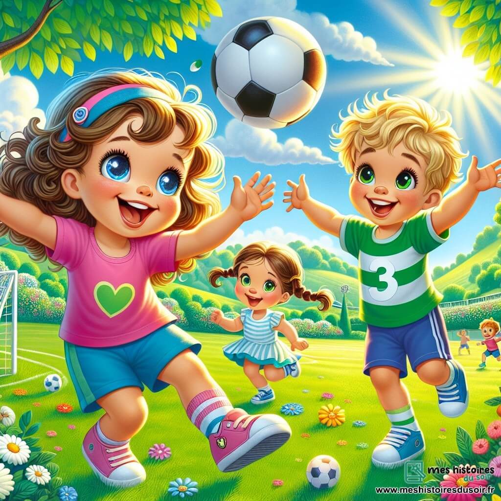 Lila, une petite fille de 2 ans aux grands yeux brillants et au sourire éclatant, court joyeusement sur un terrain de foot verdoyant. Elle porte un t-shirt rose et un short bleu, ses cheveux bouclés flottant derrière elle. À côté, Tom, un garçon de 3 ans aux cheveux blonds en bataille, rit en levant les bras pour attraper le ballon. Zoé, une autre fille de 3 ans avec des tresses brunes, se tient un peu plus loin, les mains sur les hanches, encourageant ses amis avec un grand sourire. Le terrain est entouré d'arbres verts sous un ciel bleu éclatant, et des fleurs colorées ajoutent de la joie à la scène. Lila tape dans le ballon tandis que ses amis se préparent à le passer, créant une atmosphère joyeuse et dynamique.
