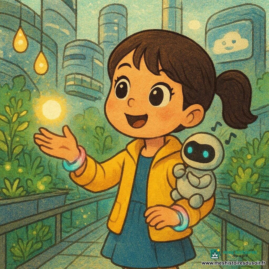 Lina, 4 ans, souriante et curieuse, cheveux bruns en couettes, veste jaune et robe bleue, tend la main vers une petite lumière clignotante ; elle est émerveillée, yeux brillants, joues rosées, sur la pointe des pieds. Pilo, un doudou-robot rond gris et blanc aux yeux LED sur l'épaule, cligne des yeux et émet des notes musicales. Un bracelet lumineux au poignet de Lina projette des anneaux rose et turquoise formant une bulle holographique. Le décor est un jardin suspendu avec passerelles en verre, jardinières métalliques de plantes phosphorescentes et lampes goutte flottantes ; en arrière-plan des tours futuristes en verre et métal, bus flottants et écrans montrant des nuages souriants. Scène douce et colorée où Lina, en touchant la lumière du bracelet, aide la Cité à chanter, aux tons chauds jaune, bleu et vert, textures légèrement granuleuses.