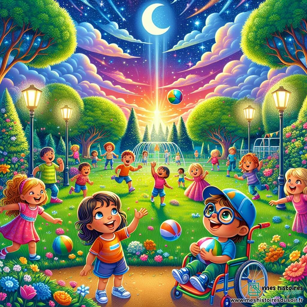 Dans un parc ensoleillé, Max, un garçon de quatre ans dans son fauteuil roulant coloré, est accompagné de Lila, une petite fille de cinq ans qui rit en tenant une balle. Tom, un garçon de quatre ans avec des lunettes, se prépare à lancer la balle vers Max. Le parc est verdoyant, avec des arbres et des fleurs colorées. Max lance la balle à Lila, tandis que Tom s'élance pour l'attraper. Les rires des enfants créent une atmosphère joyeuse et énergique.