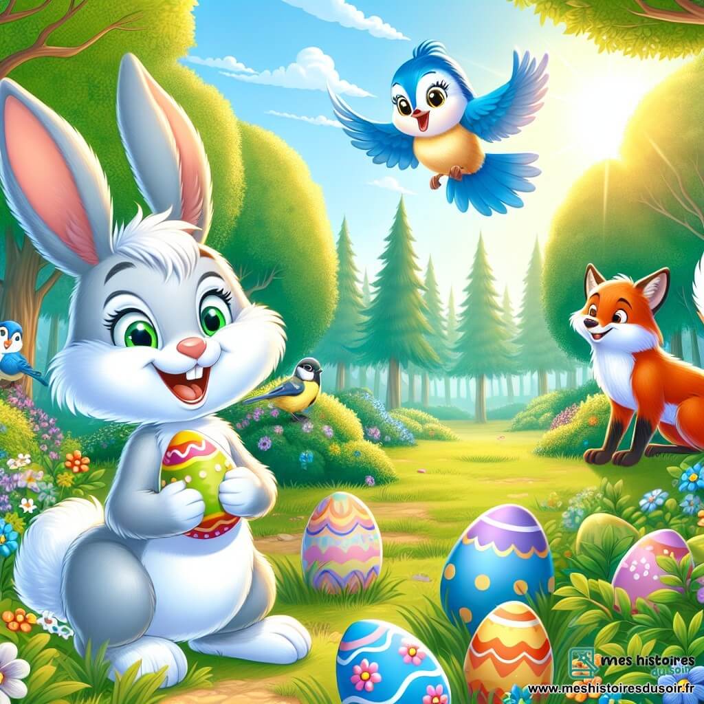 Dans une clairière ensoleillée de la forêt enchantée, Léo le lapin, au pelage blanc éclatant et aux longues oreilles, exprime une joie débordante en tenant un œuf coloré. À ses côtés, Mia la mésange, avec son plumage bleu vif, vole joyeusement et chante des mélodies. Max le renard, au pelage roux flamboyant, se tient en retrait avec un sourire malicieux, prêt à cacher un œuf. La clairière, entourée d'arbres majestueux et de fleurs colorées, est le cadre d'une grande chasse aux œufs de Pâques, créant une ambiance festive et magique.