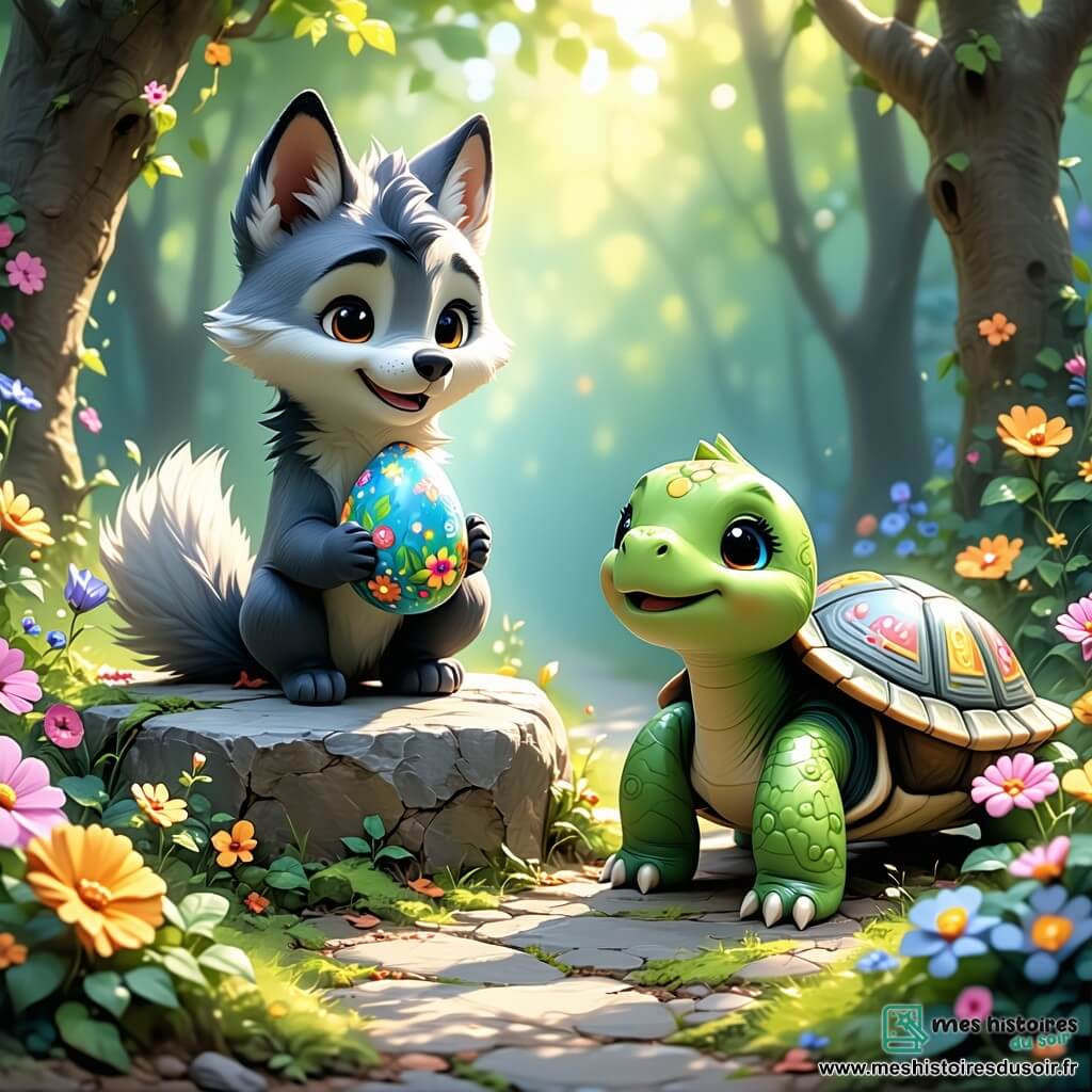 Un petit loup nommé Loulou, avec un pelage gris et des yeux curieux, est assis sur une pierre chaude dans une clairière ensoleillée, entouré de fleurs colorées. Il a l'air joyeux en tenant un œuf décoré. À côté, Clara la tortue, avec sa carapace verte ornée de fleurs, sourit en peignant un œuf avec des baies rouges, concentrée sur son travail. En arrière-plan, la clairière est lumineuse, avec de grands chênes, des fleurs éclatantes et des papillons. La scène montre Loulou et Clara décorant des œufs de Pâques, dans une ambiance joyeuse et festive évoquant le printemps.