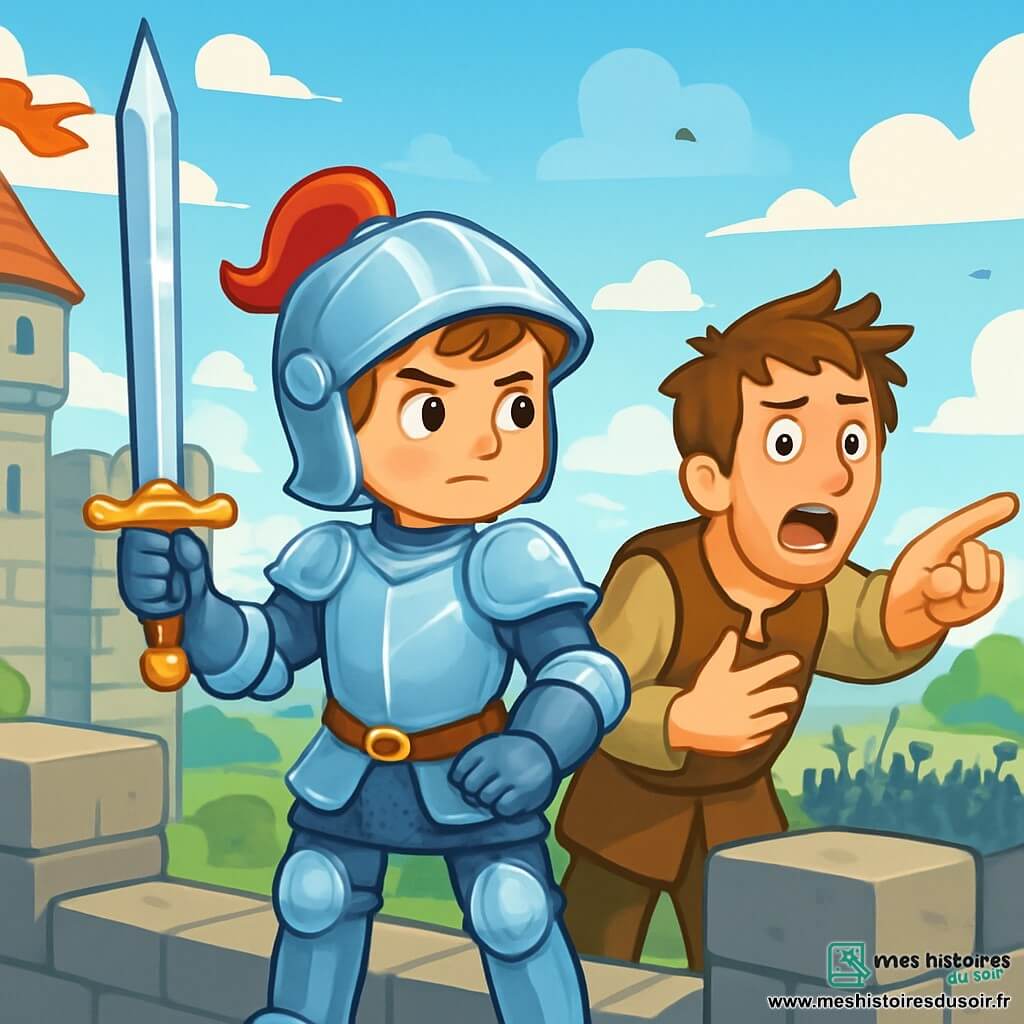 Un jeune chevalier nommé Edgar, âgé de douze ans, porte une armure brillante et se tient sur les remparts du château, prêt à défendre son peuple avec son épée. À ses côtés, un messager essoufflé, inquiet, indique l'horizon où se profile l'ombre menaçante de l'armée de Morbax. La citadelle médiévale est entourée de murs en pierre, de drapeaux flottants et d'un ciel bleu avec des nuages blancs, tandis que des champs verdoyants et des arbres majestueux se dessinent en arrière-plan. Edgar est déterminé à affronter le danger, créant une atmosphère de tension et de bravoure face à l'attaque imminente du tyran Morbax.