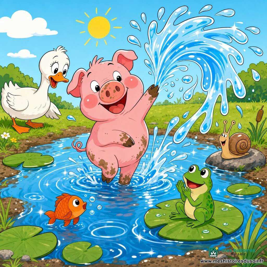 Pipo, un petit cochon rose malicieux aux joues rondes, groin taché de boue et queue en tire-bouchon, lève un sabot et fait un énorme blop envoyant une gerbe d'eau brillante tandis qu'il sourit ; Lili la grenouille verte, assise sur un nénuphar, applaudit en étant éclaboussée, Madame Coin-Coin la cane blanche sur la rive gauche, penchée et amusée, regarde le jet, Rouli le petit poisson rouge fait des bulles sous la surface près des ronds d'eau et Toto l'escargot brun sur une pierre reçoit quelques gouttes ; la mare circulaire à l'eau bleue claire, nénuphars verts et bords de boue avec herbe courte présente des éclaboussures, gouttes suspendues et reflets scintillants dans une scène ludique et ensoleillée, aux couleurs vives et contours nets, compréhensible pour un enfant de 4 ans.