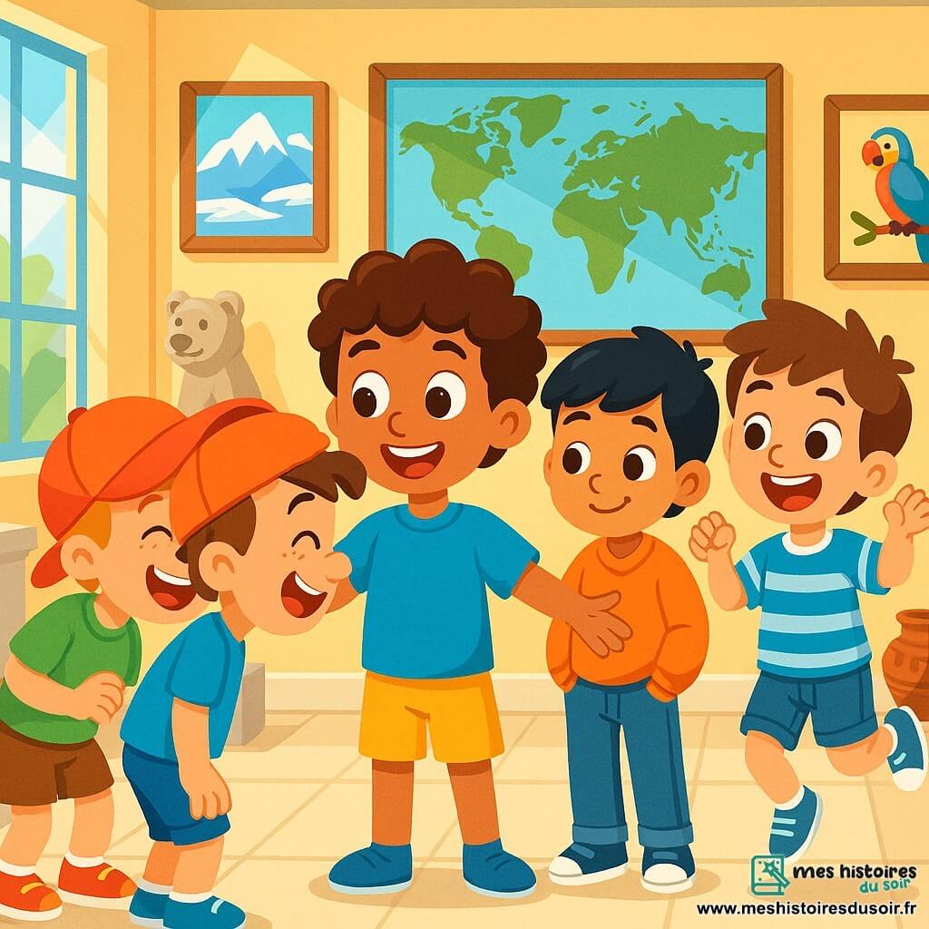 Quatre enfants sont présents : Sami, un garçon de 10 ans aux cheveux bruns et bouclés, souriant et accueillant, portant un t-shirt bleu et un short jaune ; Mathis, 9 ans, blond avec des taches de rousseur, riant avec une casquette rouge et un t-shirt vert ; Léo, 10 ans, avec des cheveux noirs et lisses, un pull orange et un jean, souriant timidement ; et Hugo, 9 ans, châtain, sautant avec un t-shirt rayé et un short en denim. Ils se trouvent dans un musée lumineux aux murs décorés de photos de paysages et d'animaux. Les enfants jouent ensemble, riant après un incident avec une sculpture, se saluant en frottant leurs nez, entourés d'objets fascinants, symbolisant l'amitié.