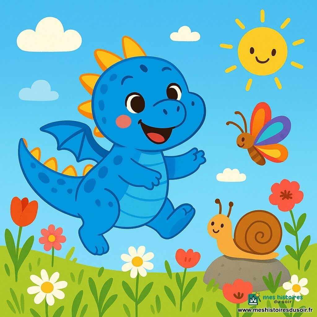 Un petit dragon bleu aux grandes écailles brillantes et aux yeux pétillants de joie saute dans une prairie en fleurs, sourire éclatant aux lèvres. À côté, un escargot avec une coquille marron avance lentement sur un caillou, affichant une expression calme. Un papillon coloré vole joyeusement autour des fleurs, ajoutant une touche de magie. La prairie est remplie de tulipes rouges, marguerites blanches et coquelicots roses, toutes dansant sous le vent. Le ciel est bleu, parsemé de nuages blancs et d'un soleil rayonnant. Le dragon s'amuse parmi les fleurs, l'escargot se déplace lentement et le papillon virevolte, créant une atmosphère joyeuse et printanière.