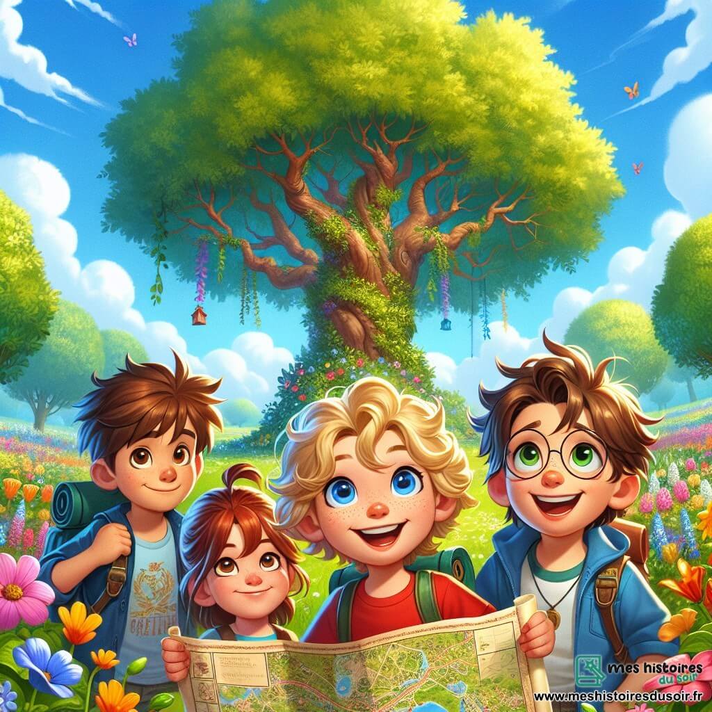 Dans un parc ensoleillé, quatre amis sont prêts pour une aventure. Léo, 8 ans, sourit en tenant une carte au trésor. À sa droite, Emma, 7 ans, fait une grimace joyeuse. À gauche, Tom, 9 ans, observe le ciel avec curiosité. Enfin, Mia, 8 ans, rit, ajoutant de la gaieté. Le parc est rempli de fleurs, d'arbres et d'un ciel bleu, créant une atmosphère accueillante. Un grand chêne au centre porte un indice du trésor. Les amis cherchent des gaufres magiques qui font rire, leurs rires résonnant dans l'air, témoignant de leur excitation.