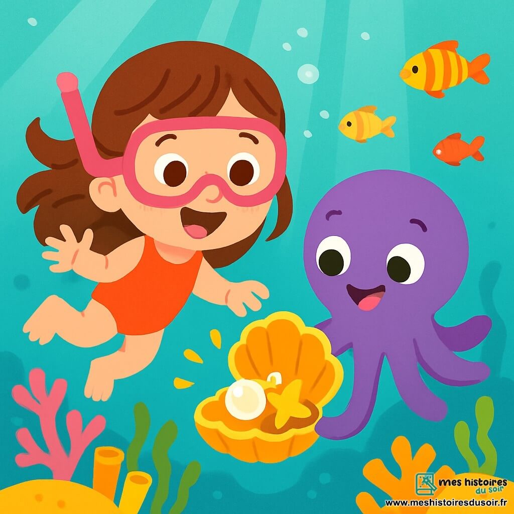 Une petite fille de 4 ans, Zoé, avec de longs cheveux bruns et des yeux curieux, nage joyeusement dans une mer turquoise. Elle porte un masque de plongée rose et un tuba, son visage rayonnant de bonheur. À ses côtés, une pieuvre violette nommée Lila, avec de grands yeux ronds, lui montre un coquillage doré brillant. En arrière-plan, un récif corallien coloré est peuplé de coraux et de poissons multicolores. Zoé et Lila chantent ensemble pour ouvrir le coquillage doré, révélant des perles et une étoile de mer en or à l'intérieur.