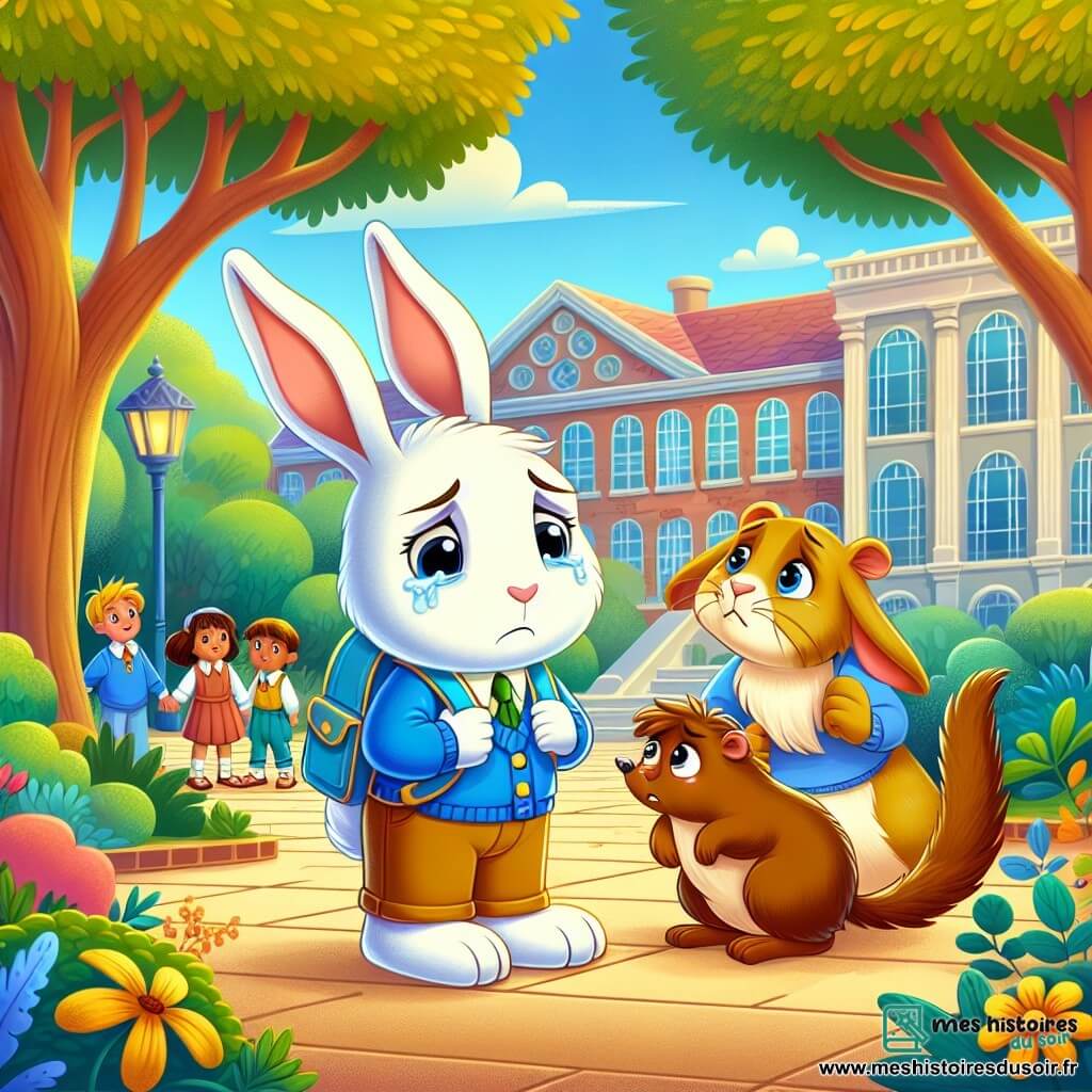 Arthur le lapin, au pelage blanc et aux grandes oreilles droites, se tient au centre de la cour de l'école des Bois Jolis, l'air triste avec des larmes aux yeux, serrant son sac à dos bleu. À ses côtés, Hortense la belette, au pelage brun et aux yeux pétillants, le regarde avec compassion, prête à l'encourager. En arrière-plan, Léo le lapin, grand aux oreilles tombantes, affiche un air désolé, conscient d'avoir blessé son ami. La cour est entourée d'arbres aux feuilles dorées et de fleurs colorées, tandis que des enfants jouent joyeusement au loin. La scène illustre Arthur, vulnérable mais entouré d'amis qui commencent à comprendre l'importance de l'empathie et du soutien.