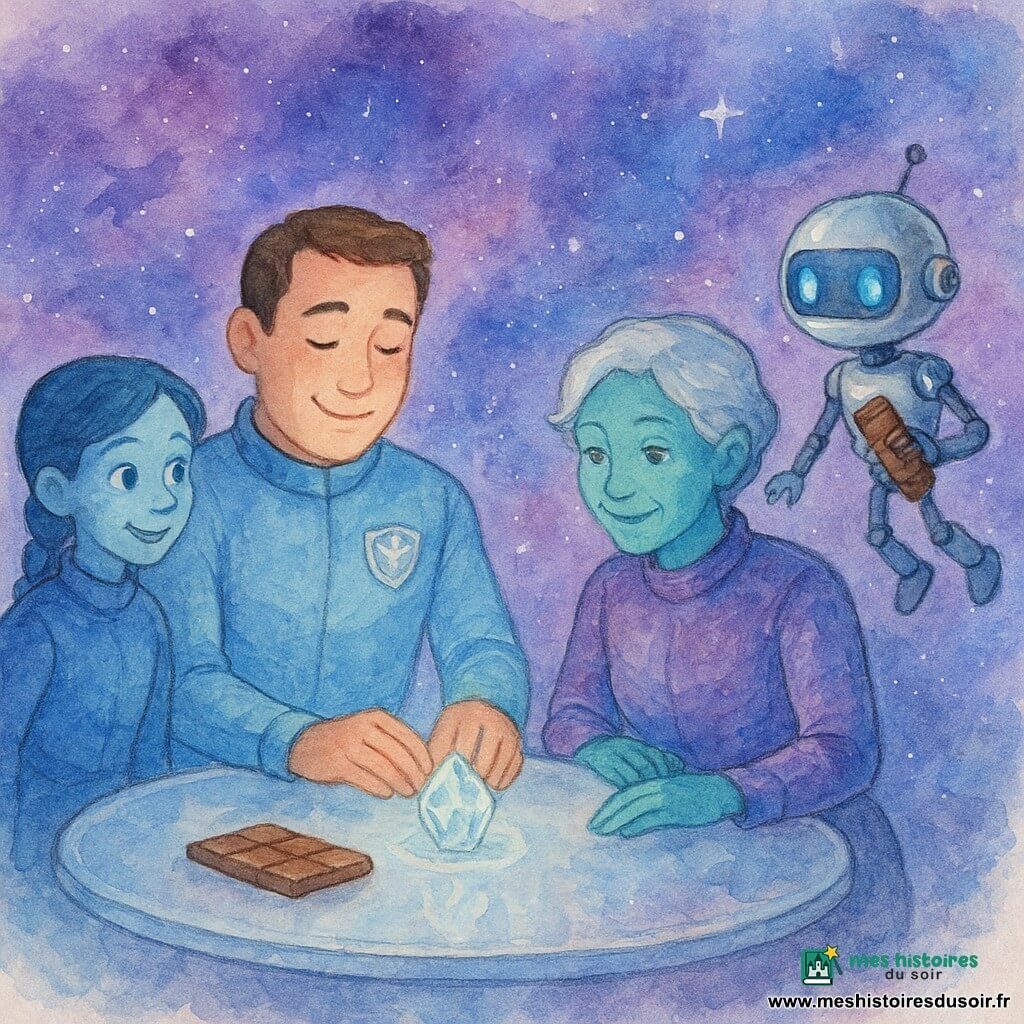 Le commandant Jules, visage rond, cheveux bruns courts, en combinaison spatiale bleu clair à écusson argenté, pose délicatement un petit cristal lumineux sur une table ronde transparente ; à sa droite flotte Oscar, robot argenté aux yeux LED bleus, espiègle, tenant une barre de chocolat ; en face, une exploratrice plus âgée à la peau turquoise scintillante et cheveux courts argentés, en robe spatiale violette, observe le cristal avec bienveillance ; une adolescente d’environ 14 ans, peau nacrée bleue et tresse courte, debout près de la table, sourit, curieuse et joyeuse. Le module transparent est en suspension dans l’espace, sur fond de nébuleuse violette et bleue parsemée d’étoiles et de silhouettes de vaisseaux, sol et table flottants, reflets liquides sur les parois ; la réunion est calme et amicale autour d’un cristal-mémoire, éclairage doux, gestes de partage, barres de chocolat sur la table, ambiance de confiance et de découverte, palette pastel aquarelle avec touches d’éclaboussures pour les nébuleuses.