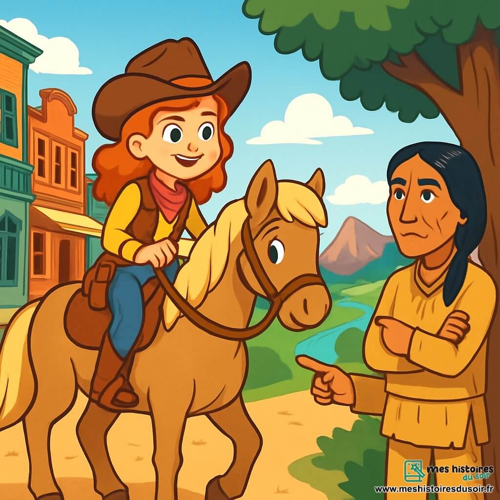 Sally Miller, une jeune cow-girl aux boucles rousses et au chapeau brun, monte sur son cheval Daisy, son visage exprimant une joyeuse détermination. À côté d'elle, un Indien Cheyenne d'une quarantaine d'années, vêtu d'une chemise en cuir, observe la scène avec inquiétude, les bras croisés près d'un arbre. Le décor est une ville de l'Ouest sauvage avec des bâtiments en bois colorés, des rues poussiéreuses et un ciel bleu éclatant, tandis que des montagnes majestueuses se dessinent à l'horizon. Sally est prête à partir à l'aventure pour résoudre le mystère de la diligence disparue, le Cheyenne lui indiquant la direction vers la rivière qui serpente à travers le paysage.