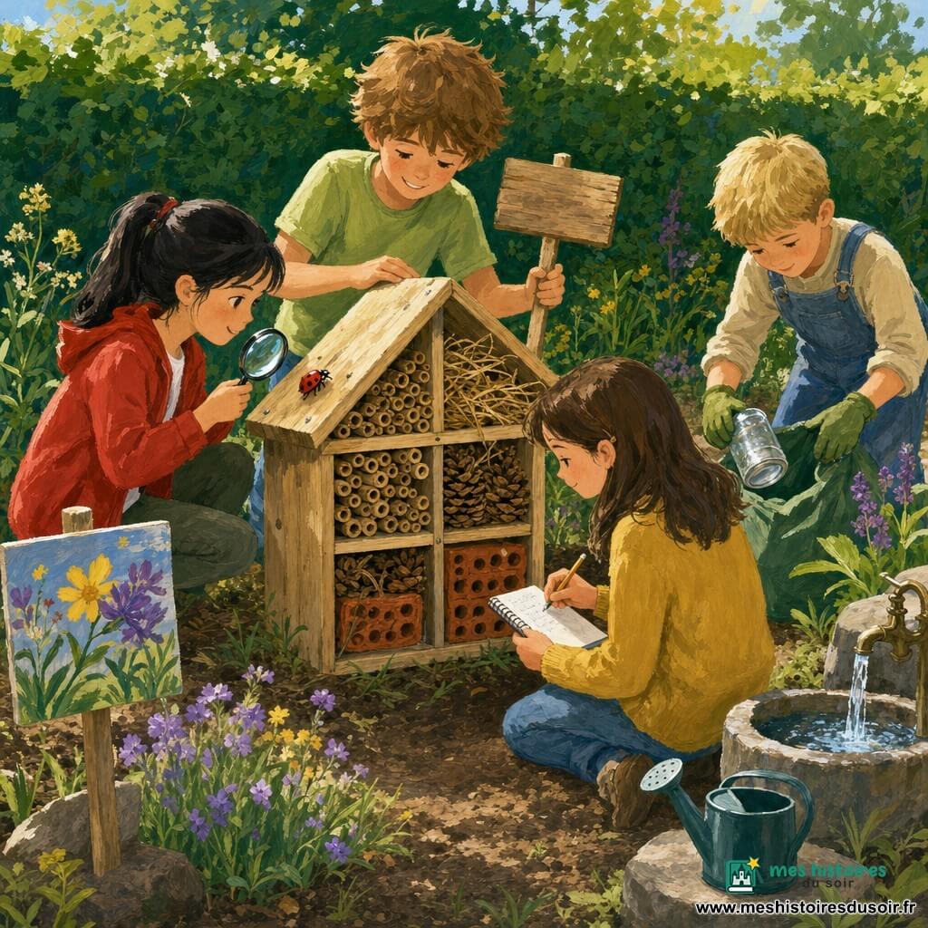 Quatre enfants installent et nettoient un hôtel à insectes dans un jardin partagé ensoleillé : Noé, ~10 ans, t-shirt vert et jean, tient une pancarte au centre en souriant ; Inès, ~10 ans, queue de cheval et veste rouge, observe une coccinelle à la loupe à gauche ; Jules, ~11 ans, salopette bleue, ramasse une canette pour la mettre dans un sac à droite ; Manon, ~10 ans, pull jaune, prend des notes agenouillée devant l'hôtel. L'hôtel en bois montre tiges creuses, paille, pommes de pin et briques, entouré de terre, herbe, fleurs sauvages violettes et jaunes, une fontaine et un arrosoir en arrière-plan. Atmosphère chaleureuse et concentrée, rendu style gouache aux couleurs naturelles, traits doux et touches visibles de pinceau.