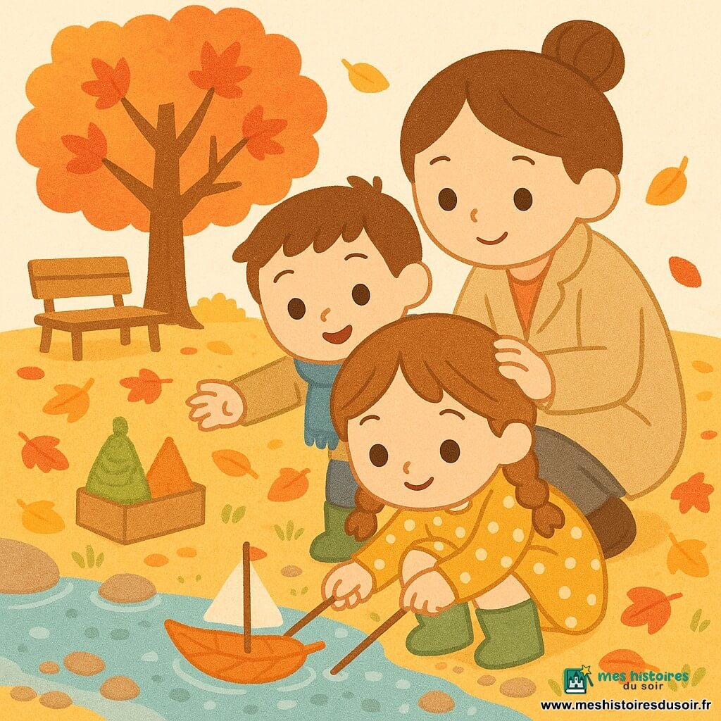 Une fillette de 6 ans joyeuse, cheveux châtain clair en nattes, tient délicatement un petit bateau fait d'une grande feuille qui flotte sur un ruisseau au bord d'un parc d'automne aux feuilles rouge-orangé, tandis qu'un garçon de 6 ans, Noé, curieux, se tient légèrement derrière, main tendue à distance, et leur mère accroupie les observe en posant la main sur l'épaule de la fillette; ambiance douce de fin d'après-midi, tons chauds et composition simple.