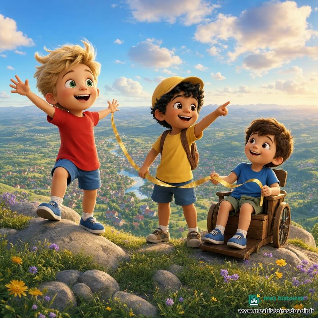 Trois garçons de 3 ans au sommet de la Montagne-Étoile : à gauche Léo, cheveux blonds en bataille, yeux verts, tee-shirt rouge et short bleu, debout sur une pierre, bras levés ; au centre Sami, cheveux noirs bouclés, peau hâlée, casquette jaune, riant et pointant le sommet ; à droite Noé, cheveux châtains, peau claire, assis dans un petit fauteuil à roulettes en bois, tenant un ruban doré qui relie les trois enfants. Le sommet offre un panorama ouvert de pierres rondes, herbe courte vert tendre et quelques fleurs jaunes et violettes, ciel bleu clair avec nuages cotonneux et, en contrebas, un village miniature et une rivière argentée. Les enfants regardent le paysage au coucher de l’après-midi, atmosphère d’émerveillement, lumières chaudes, textures douces et expressions joyeuses et confiantes.