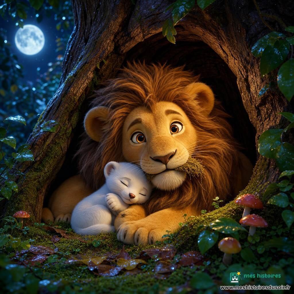 Jeune lion au pelage doré et large crinière, sourire bienveillant, tenant délicatement une touffe de mousse sèche, blotti avec une petite hermine blanche endormie contre son cou; un vieux chêne creux forme leur abri, ses racines protectrices, autour un sous-bois lumineux après la pluie avec mousse, feuilles brillantes et champignons; nuit pluvieuse et chaleureuse, gouttes sur les feuilles et douce lumière de lune perçant entre les branches; couleurs chaudes, textures détaillées de fourrure et d'écorce, éclairage volumétrique doux, composition centrée et expression lisible pour un enfant.