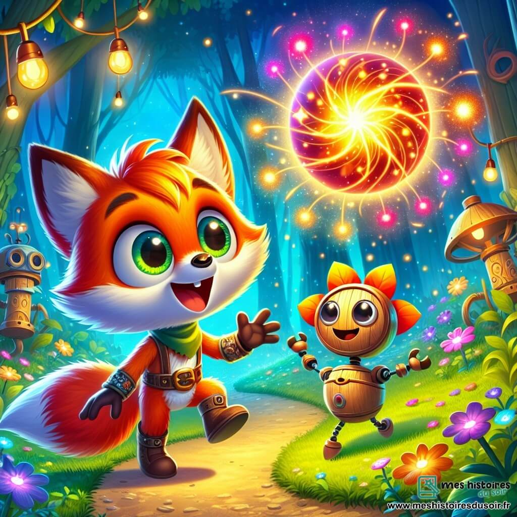 Trix, un renard aux pelages orange et rouge, se tient au centre d'une forêt enchantée, les yeux brillants d'excitation. Il regarde une sphère lumineuse flottante, émerveillé. À proximité, Bobo, un petit robot jardinier en bois avec une tête en forme de fleur, danse joyeusement autour de lui, prêt à l'aider avec une petite pelle en métal. La forêt est luxuriante, remplie de fleurs luminescentes et de machines étranges, créant une atmosphère féerique. Trix découvre la sphère magique, prêt à entreprendre une quête pour maîtriser la magie, tandis que Bobo l'encourage.