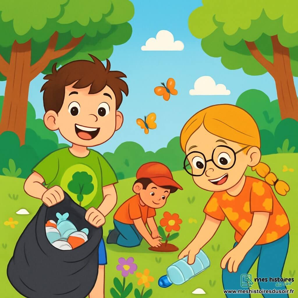 Un garçon de 8 ans, Lucas, avec des cheveux bruns en bataille et des yeux curieux, sourit en tenant un sac poubelle rempli de déchets. Il porte un t-shirt vert avec un dessin d'arbre et un short bleu. À ses côtés, Emma, une fille de 8 ans avec des cheveux blonds tressés et des lunettes rondes, ramasse des déchets, vêtue d'une blouse à fleurs. En arrière-plan, Max, un autre garçon de 8 ans avec des cheveux noirs et une casquette rouge, plante une fleur colorée, concentré et fier. La scène se déroule dans un parc verdoyant avec des arbres majestueux et des fleurs multicolores. Le ciel est bleu avec quelques nuages et des papillons volent autour des fleurs. Lucas et ses amis nettoient le parc, riant et s'encourageant, transformant cet endroit en un havre de paix.