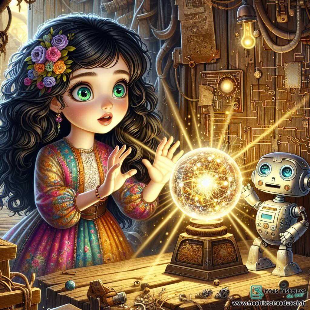 Au centre de l'image, Lyra, une fille de 12 ans aux longs cheveux bouclés noirs et aux yeux verts brillants, se tient émerveillée, levant les mains vers un globe en cristal scintillant qui émet une lumière dorée, symbole de magie et de connaissance. À ses côtés, Pipo, son meilleur ami robot humanoïde, observe le globe avec étonnement et inquiétude. En arrière-plan, une grange ancienne, avec des murs en bois usés et des objets étranges, crée une atmosphère mystérieuse. Lyra touche le globe, déclenchant une lumière éclatante qui projette des ombres, marquant le début d'une aventure prometteuse.