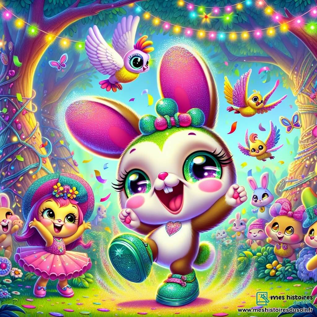 Glouglou, une petite créature aux grandes oreilles roses et aux yeux malicieux, saute joyeusement au milieu d'une fête colorée, souriant largement. Il porte une chaussure verte brillante, entouré de confettis multicolores. Pipo, un pigeon aux plumes bleu vif, vole au-dessus de lui, plein de joie. Un petit lapin en tutu rose et chapeau haut de forme danse à ses côtés, riant et applaudissant. La scène se déroule dans une clairière enchantée, avec des arbres colorés et des fleurs géantes chantantes, créant une ambiance festive. Glouglou, avec sa chaussure magique, entraîne tous les animaux dans une danse joyeuse, tandis que la musique et les rires emplissent l'air.