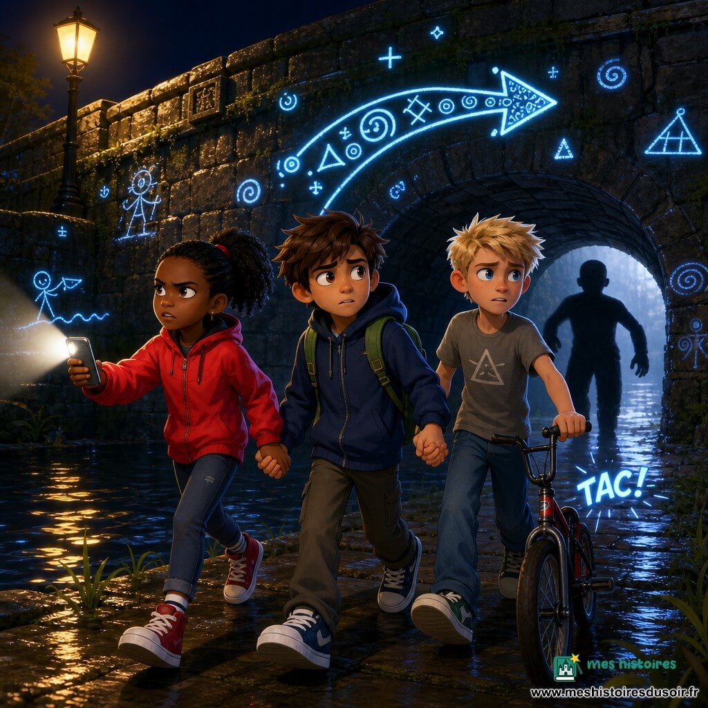 Sous un vieux pont de pierre humide couvert de mousse, trois enfants tiennent la main et avancent vers une fente lumineuse dans l'air : au centre Malo, ~11 ans, cheveux bruns en désordre, veste bleu marine trop grande, la main de Lina dans la sienne ; à gauche Lina, ~11 ans, cheveux noirs en queue-de-cheval, coupe-vent rouge, lampe de téléphone pointée vers le pont ; à droite un garçon blond ~12 ans, tee-shirt gris, jean, tenant un guidon de vélo et la main de Malo. Une rivière sombre reflète des lampadaires jaunes, des signes lumineux flottants (spirales, flèches, triangles) et des pictogrammes craie brillants ornent la pierre et forment une flèche au-dessus d'eux ; à l'arrière, une silhouette d'ombre-écho sans visage imite leurs pas dont le premier résonne comme un gros "tac". L'ambiance nocturne est tendue et mystérieuse, contrastes forts, textures humides, reflets sur l'eau, couleurs saturées pour les vêtements et lueurs froides pour les symboles, rendu 3D cel-shading avec expressions lisibles.