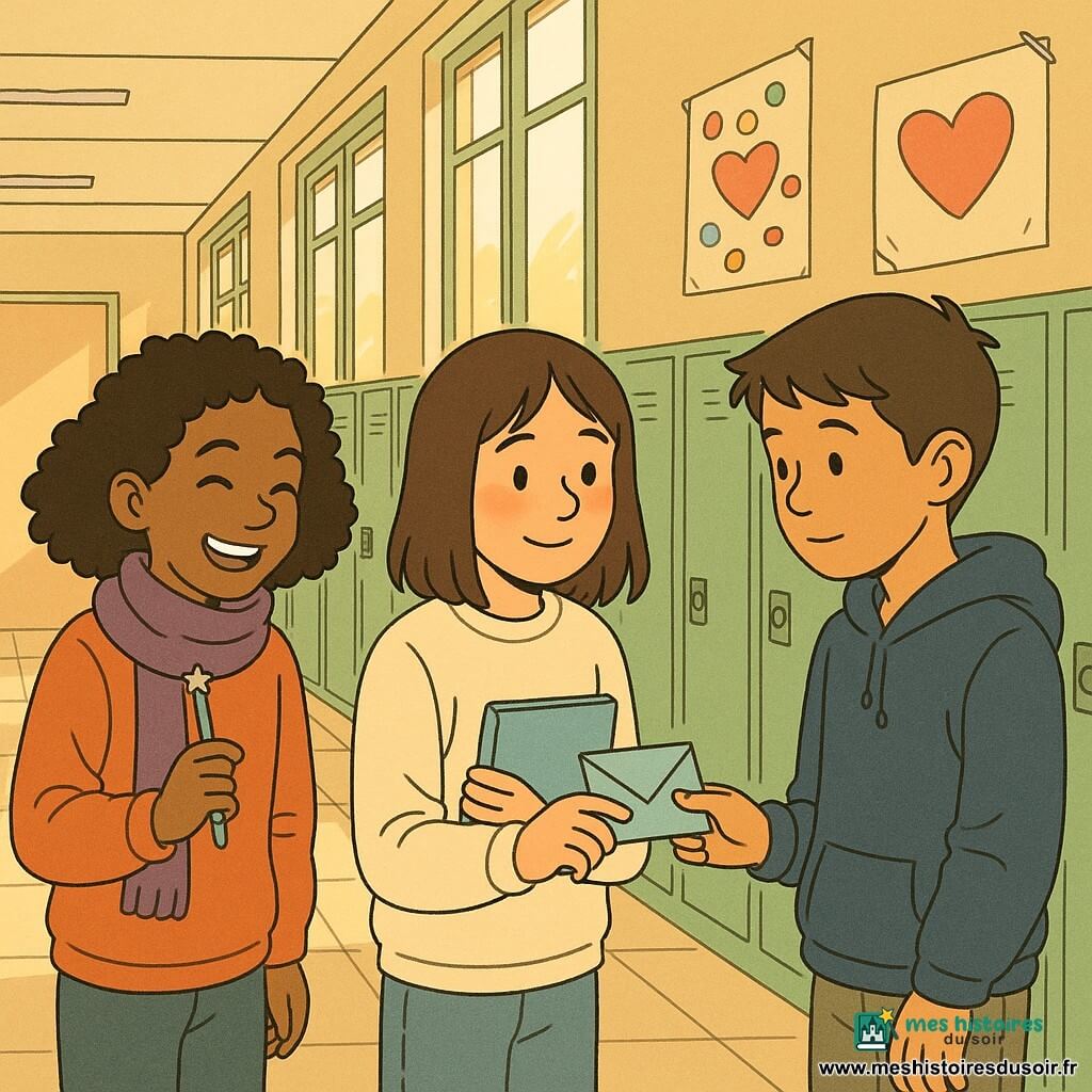 Trois enfants d’environ 11 ans dans un couloir d’école lumineux aux casiers verts et affiches colorées : Inès, fille aux cheveux bruns mi-longs, pull crème et carnet bleu clair, au centre avant-plan légèrement rougissante tendant une petite enveloppe bleue à Maël ; Maël, garçon calme aux yeux noisette et capuche bleu marine, à droite, surpris et à demi-souriant en recevant l’enveloppe ; Lila, à gauche, cheveux bouclés et écharpe violette, riant doucement et tenant un stylo pailleté en regardant la scène. Moment tendre de remise d’un mot pour la Saint-Valentin, mains presque jointes, composition centrée, visages expressifs, couleurs pastel chaudes, contrastes doux et style ligne claire rappelant la BD franco-belge, ambiance réconfortante.