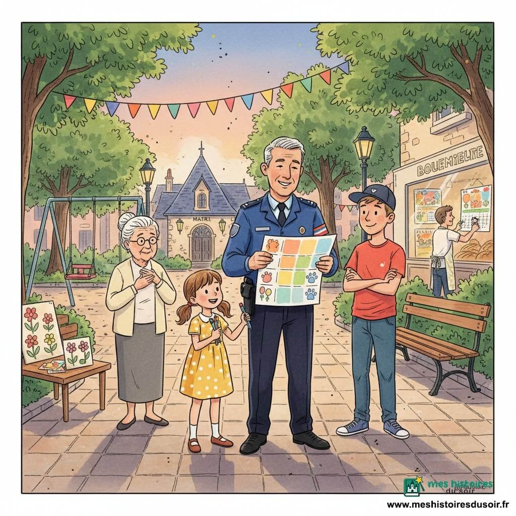 Un policier dans la cinquantaine, veste bleu marine et brassard, cheveux grisonnants, souriant et montrant du doigt un grand planning coloré ; à sa gauche une fillette d'environ 8 ans en robe jaune à pois, coiffée en couettes, dessinant des ballons avec des feutres ; à sa droite un adolescent d'environ 15 ans en t‑shirt rouge et casquette à l'envers, souriant et les bras croisés ; Madame Dupas, femme âgée aux cheveux blancs en chignon et cardigan crème, main sur la poitrine près d'une petite table avec panneaux faits main ; Jules le boulanger, quarantaine, tablier farineux, accrochant un calendrier dans la vitrine d'une boulangerie à l'arrière ; lieu : square de quartier au crépuscule avec sol pavé, bancs, balançoires, arbres et guirlandes de fanions, petite mairie en pierre en arrière‑plan ; scène conviviale et apaisée autour du planning où chacun peint des icônes (ballon, fleur, patte de chien), rendu en traits d'encre et lavis d'aquarelle, palette chaude.