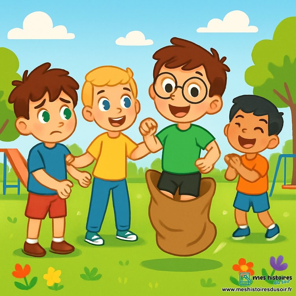 Quatre enfants participent à une course amusante dans des sacs dans un parc ensoleillé. Léo, 6 ans, hésite un peu, tandis que Paul, également 6 ans, l'encourage avec un sourire. Maxime, 6 ans, saute joyeusement, et Sami, 6 ans, rit derrière eux. Le parc est rempli de pelouse verte, d'arbres et de fleurs colorées, avec un ciel bleu clair au-dessus.