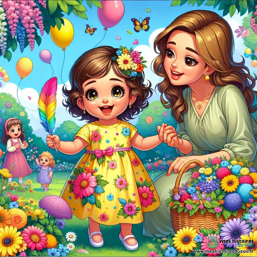 Une petite fille de 2 ans, avec de grands yeux brillants et des cheveux bouclés, porte une robe jaune à fleurs. Elle sourit en tenant une plume colorée. À côté d'elle, sa maman, une femme d'environ 30 ans avec des cheveux longs et châtains, porte une blouse légère et regarde sa fille avec tendresse, tout en tenant un panier rempli de fleurs. Le lieu est un parc en pleine floraison, avec des arbres verts, des fleurs multicolores et des ballons flottant dans le ciel bleu. Des enfants jouent autour, et un papillon coloré vole près de la petite fille. Léa, émerveillée, découvre un trésor sous un buisson, avec un grand sourire, entourée de la beauté du printemps.
