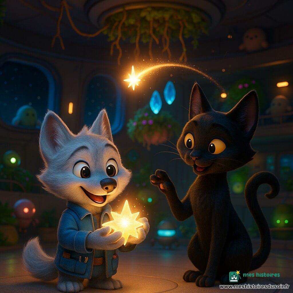 Lupin, petit loup anthropomorphe au pelage argenté, yeux curieux et sourire émerveillé, porte une veste bleue remplie d'outils et tient un cristal lumineux émettant une lueur chaude; à ses côtés, Éclipse, chat noir anthropomorphe élégant à la queue en croissant et yeux ambrés, montre le cristal; en arrière-plan, plantes luminescentes suspendues, petits robots-jardiniers circulaires émettant des lueurs vertes et roses et quelques créatures amicales sur les passerelles, le tout dans une salle spatiale ronde et high-tech aux murs en métal poli, fenêtres ovales sur un ciel étoilé, racines lumineuses pendantes, cristaux flottants au centre et détails industriels (panneaux solaires miniatures, tuyaux cuivrés); situation : ils viennent d'activer le cristal pour créer une étoile filante artificielle qui illumine les jardins suspendus d'une traînée scintillante, atmosphère d'émerveillement et d'invention, couleurs saturées et contrastes doux.