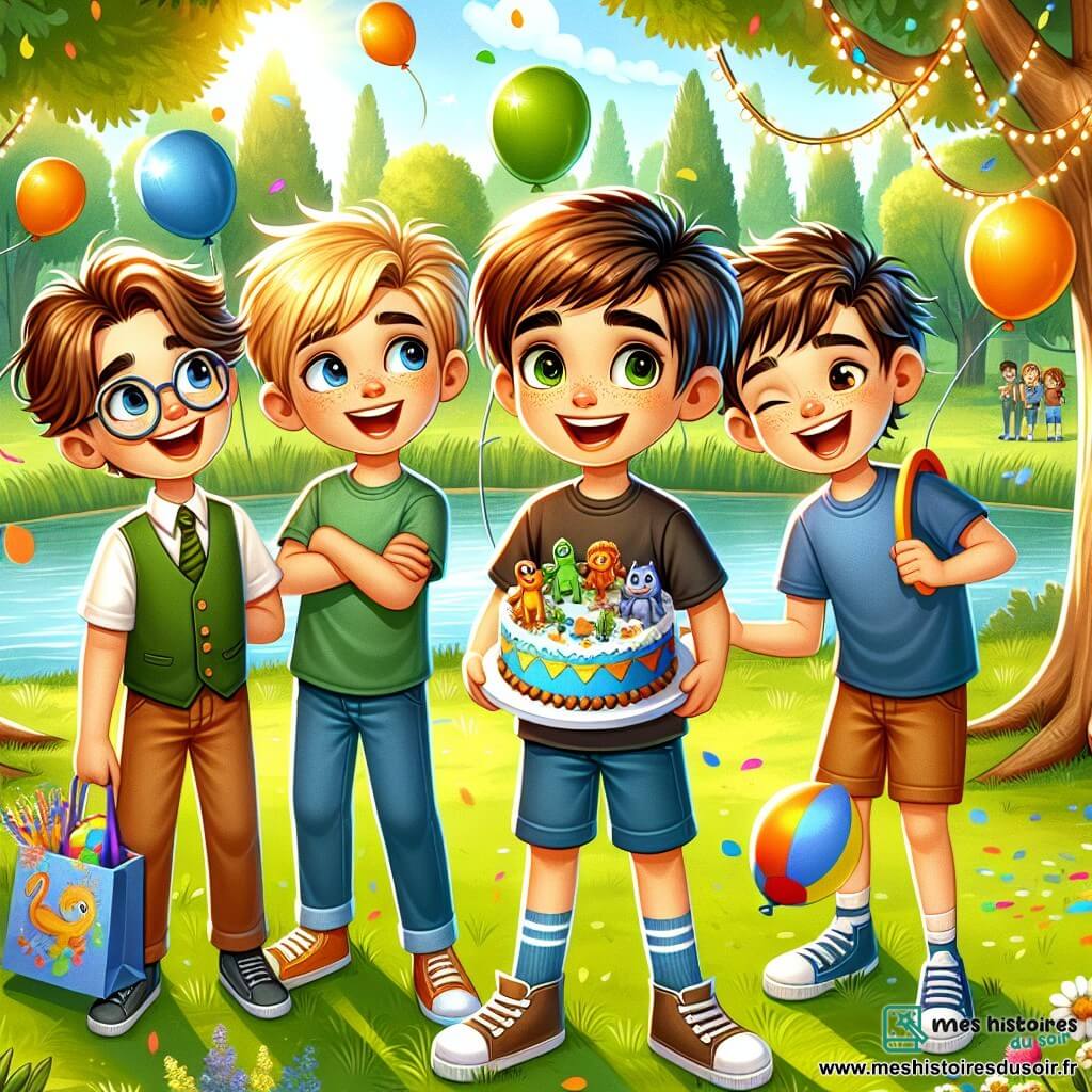 Dans un parc ensoleillé, quatre garçons de douze ans célèbrent l'anniversaire de Max, qui tient un gâteau décoré de dinosaures. Léo, grand et blond, est prêt à jouer avec un frisbee, tandis que Tom, avec des lunettes, rit en tenant un sac de confettis. Sam, aux cheveux bouclés, s'appuie sur un arbre en riant. Le parc est verdoyant, avec des arbres, un lac scintillant et des fleurs colorées. L'atmosphère est joyeuse et festive, avec des guirlandes scintillantes accrochées aux arbres.