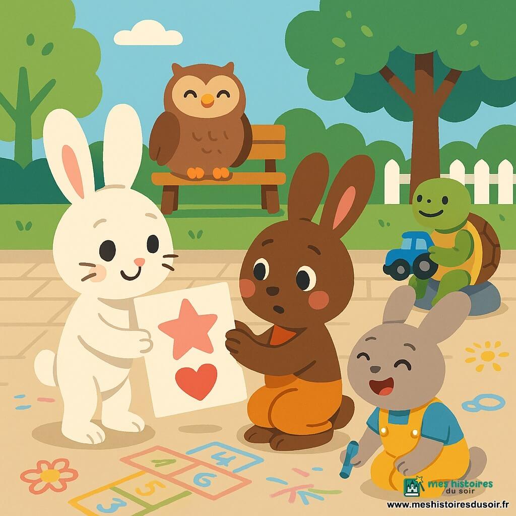 Petit Lapin, un jeune lapin blanc aux grandes oreilles, tend timidement un dessin coloré avec une étoile rose et un cœur rouge à Gaspard, un petit lapin brun surpris et ému, tandis que Lila, en salopette jaune, rit en tenant une craie bleue, une petite chouette sourit depuis un banc et une tortue verte tient un petit tracteur ; la cour d’école ensoleillée, pavée et décorée de marelles et dessins à la craie, arbres verts et une clôture blanche, crée une scène chaleureuse d’amitié et d’acceptation, aux couleurs vives et formes simples, destinée à des enfants de 4 ans.