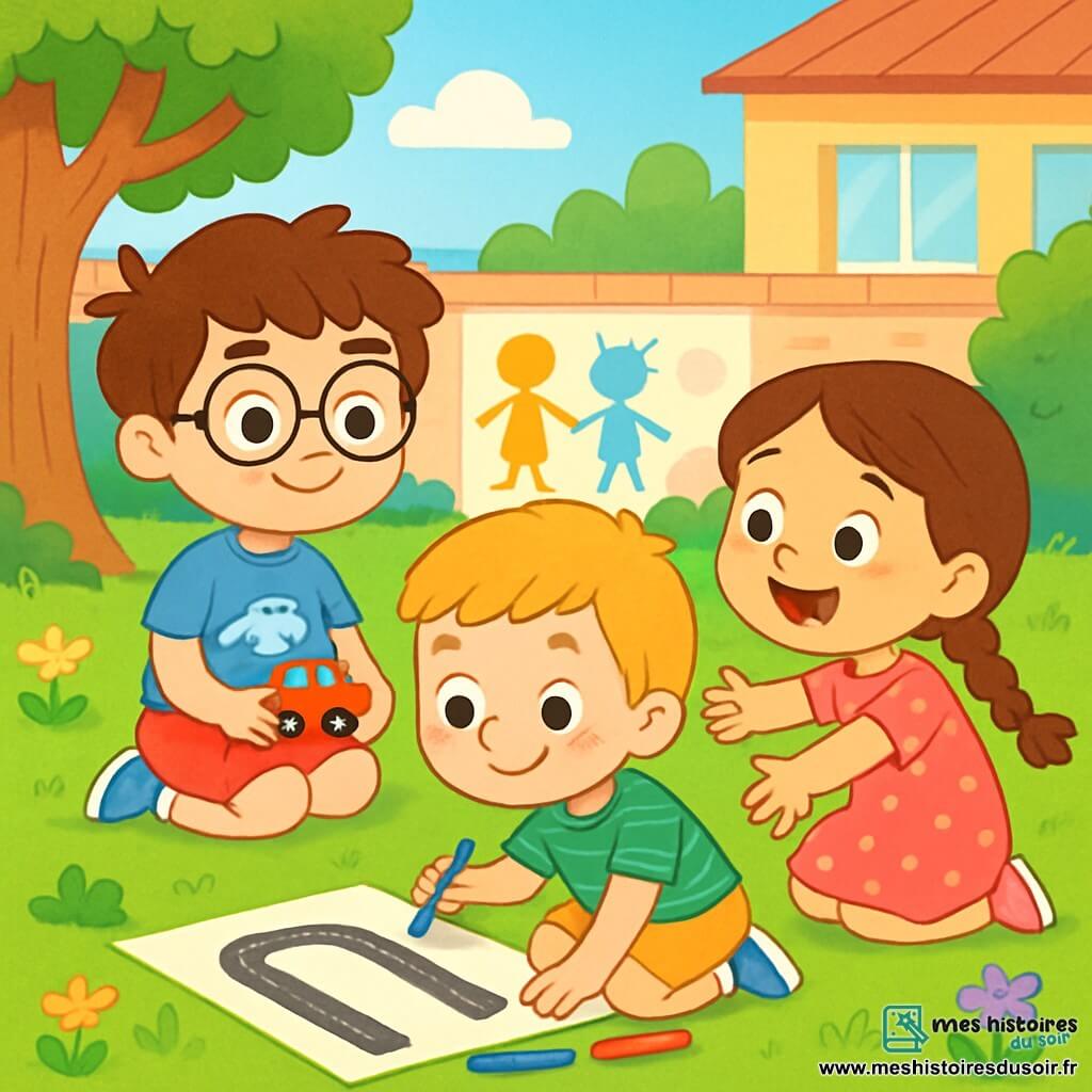 Trois personnages sont présents : Tom, un garçon de 7 ans aux cheveux bruns en bataille et lunettes rondes, portant un t-shirt bleu avec un dessin de voiture et un short rouge, assis sur l'herbe avec une petite voiture dans les mains ; Léo, également âgé de 7 ans, avec des cheveux blonds et des taches de rousseur, vêtu d'un t-shirt vert et d'un short jaune, dessinant une route sur un grand papier ; et Emma, une fille de 6 ans aux longs cheveux bruns tressés, en robe rose à pois blancs, prête à faire un câlin. Ils se trouvent dans une cour d'école ensoleillée, entourée d'arbres et de fleurs. Les enfants jouent ensemble, montrant leur amitié et leur soutien mutuel dans un moment joyeux.