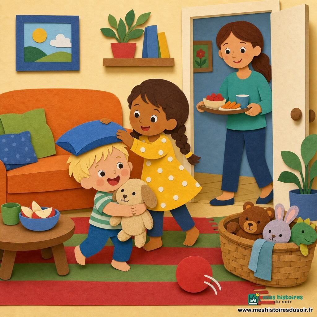 Un garçon de 2 ans, joyeux, serre son doudou beige contre sa poitrine; sa grande sœur d’environ 6 ans, souriante et protectrice, lui pose un coussin bleu sur la tête; la maman, femme d’environ 30 ans, entre dans l’embrasure de la porte avec un plateau de goûter; le salon chaleureux comprend un tapis rayé rouge et vert, un canapé orange et un panier en osier rempli de peluches et d’une balle rouge; moment de jeu complice, couleurs vives et formes simples.