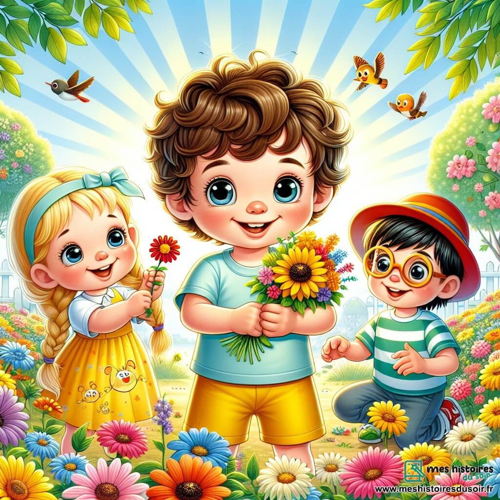 Léo, un garçon de 4 ans aux cheveux bruns et bouclés, se tient au centre de l'image avec un t-shirt bleu clair et un short jaune, souriant et tenant un bouquet de fleurs. À sa droite, Clara, également âgée de 4 ans, a des cheveux blonds tressés et porte une robe jaune vif, s'agenouillant pour admirer une fleur rouge. À gauche, Tom, un garçon de 4 ans avec un chapeau rouge et des lunettes de soleil, observe une abeille. Le parc printanier est rempli de fleurs multicolores, d'arbres verdoyants et de rayons de soleil, créant une ambiance joyeuse où les enfants s'amusent à cueillir des fleurs.