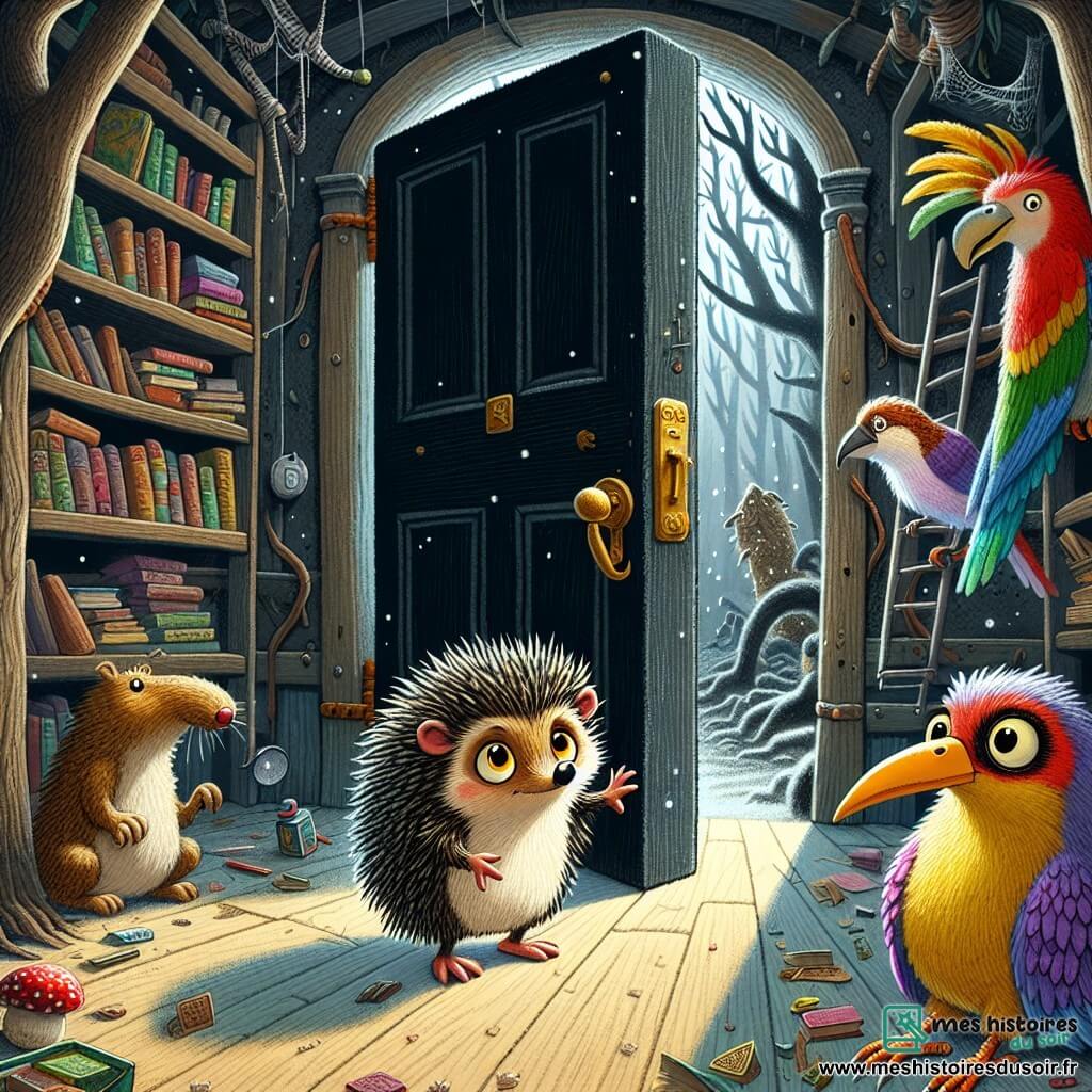 Un petit hérisson nommé Edgar, aux piquants ébouriffés, se tient devant une immense porte noire, ses yeux brillants d'excitation et de peur. Il observe la porte avec curiosité, prêt à avancer. À l'arrière-plan, Tilda, une pie colorée, le regarde avec encouragement, tandis que Basile, un lapin aux grandes oreilles, se cache derrière un arbre, inquiet. La scène se déroule dans une bibliothèque abandonnée, avec des étagères poussiéreuses et des livres éparpillés, créant une atmosphère mystérieuse. Edgar, déterminé mais nerveux, s'apprête à pousser la porte noire qui semble vibrer d'une énergie étrange, tandis que des ombres dansent autour de lui, ajoutant du suspense à l'illustration.