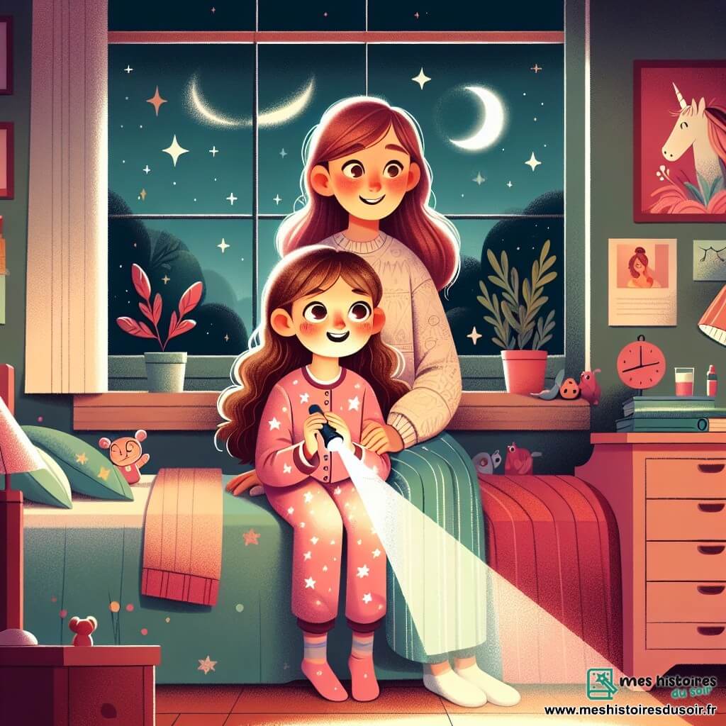 Dans une chambre chaleureuse, une fille de 8 ans nommée Léa, avec de longs cheveux bruns et des yeux pétillants, est assise sur son lit, un peu nerveuse mais curieuse. Elle porte un pyjama rose avec des étoiles et tient une lampe de poche qui éclaire son visage, révélant un mélange d'excitation et d'appréhension. À ses côtés, sa maman, une femme douce d’environ 35 ans, aux cheveux châtains et au sourire réconfortant, est assise sur le bord du lit, lui tenant la main avec tendresse. La chambre est décorée de posters colorés de licornes et de planètes, avec des jouets éparpillés sur le sol. Une fenêtre ouverte laisse entrer la lumière de la lune, illuminant doucement la pièce. Dans cette scène, Léa se prépare à explorer l’obscurité avec sa maman, qui lui montre que le noir peut être un ami. La lumière de la lampe de poche crée un halo magique autour d'eux, symbolisant la découverte et la confiance.