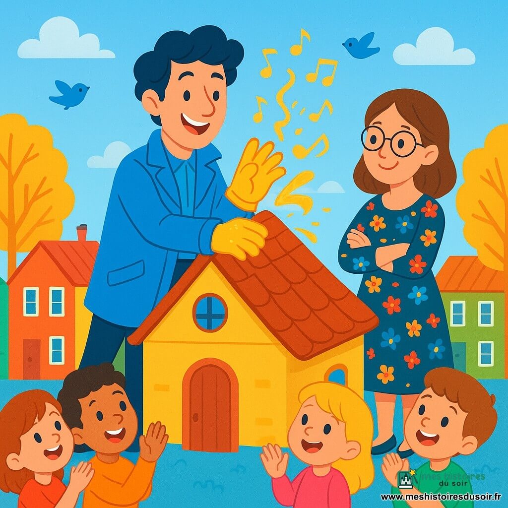 Hector Lumenfort, vêtu d'un manteau bleu éclatant, sourit chaleureusement sur le toit d'une maison colorée. À ses côtés, Madame Lina, une femme d'une quarantaine d'années en robe fleurie et lunettes rondes, l'observe avec fierté. En bas, un groupe d'enfants de 6 à 8 ans, vêtus de couleurs vives, applaudissent avec excitation. La scène se déroule sur une place animée, entourée de maisons aux façades colorées et d'arbres aux feuilles dorées. Hector répare le toit de l'école, utilisant des gants chantants et des outils magiques, tandis que les enfants chantent avec lui, créant une atmosphère joyeuse et magique.