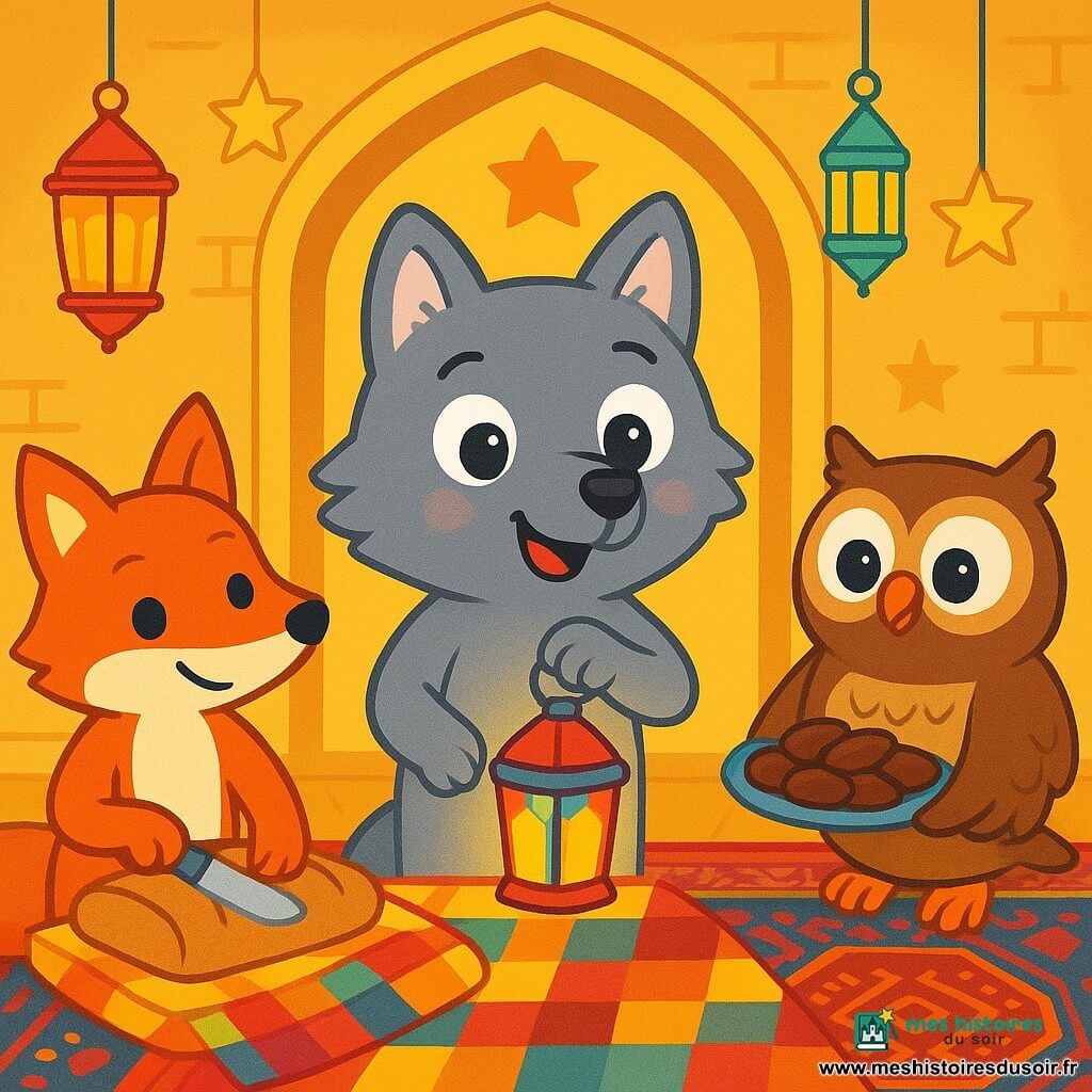 Petit Loup, un loup aux poils gris doux et aux yeux pétillants, se tient au centre d'une mosquée, souriant avec émerveillement tout en tenant une lanterne en papier coloré. À sa droite, une chouette aux plumes brunes et aux grands yeux ronds sourit tendrement en tenant une assiette de dattes. À sa gauche, un renard au pelage roux découpe du pain frais sur une nappe colorée. La mosquée est ornée de lanternes scintillantes et de tapis riches, créant une atmosphère chaleureuse. Petit Loup et ses amis préparent joyeusement la table pour le repas du Ramadan, partageant rires et histoires dans une ambiance conviviale.