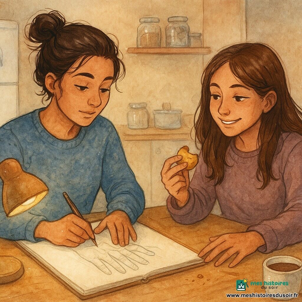 Léa (≈28 ans) assise à une table en bois, chignon désordonné, pull bleu, concentrée et sereine, tient un crayon et esquisse la main de Manon (≈16 ans) assise en face, manches trop longues, sourire malicieux, un biscuit dans une main et l’autre posée ouverte sur la table avec des miettes visibles; petite lampe de bureau diffuse une lumière jaune douce créant des ombres et un cercle de lumière sur le bois usé; arrière-plan : cuisine intime et modeste (frigo blanc, aimant chat, étagère avec bocaux, tasse de chocolat fumante, petite tache de chocolat) ; dessin aux traits légers et ombres aquarelle, petites touches blanches pour reflets, atmosphère chaleureuse et paisible.