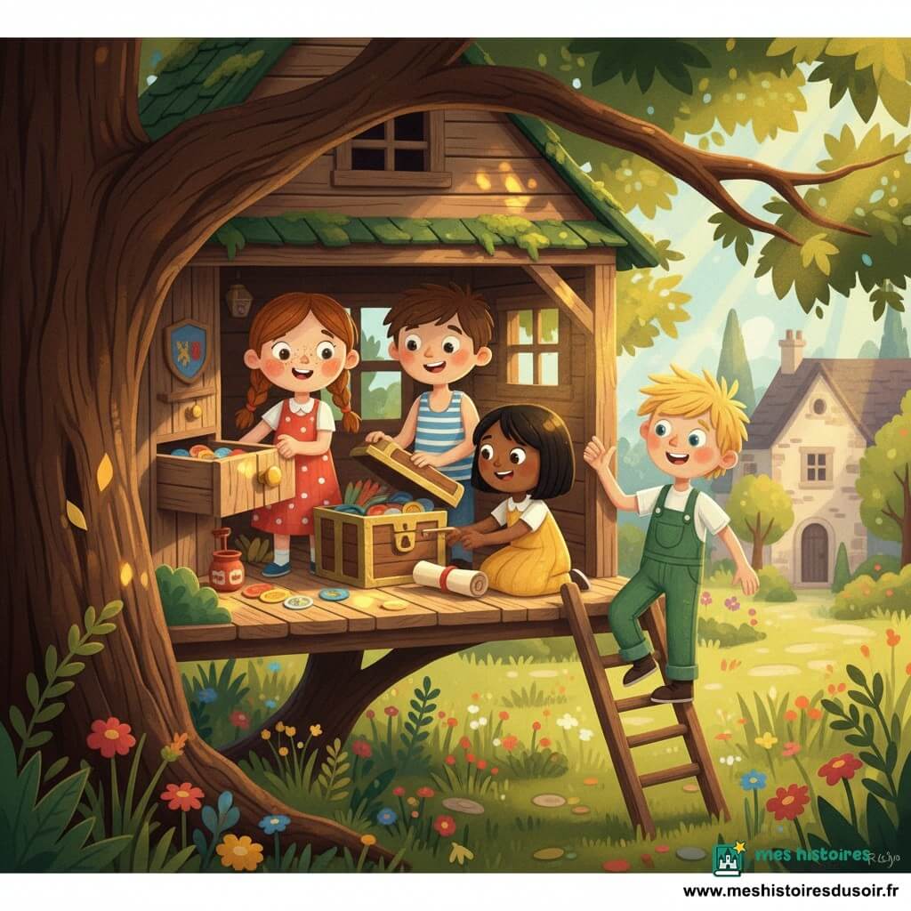 Quatre enfants dans une cabane en bois perchée dans un grand chêne : une fille de 8 ans au visage rond et taches de rousseur, cheveux châtain en deux nattes, ouvre un petit tiroir secret et tient une poignée dorée ; Maxime (~8 ans), cheveux bruns courts, débardeur rayé, sourit en poussant le couvercle d’un coffre à côté ; Lila (~8 ans), cheveux noirs courts, robe jaune, s’accroupit pour saisir un rouleau de papier ancien ; Hugo (~9 ans), cheveux blonds en bataille, salopette verte, est sur une petite échelle, prêt à descendre, excité. La cabane aux planches vieilles et toit couvert de mousse est entourée d’un jardin ancien à herbe haute et fleurs, avec une maison en pierre floue en arrière-plan ; le tiroir révèle des jetons colorés gravés d’un blason familial et une poignée dorée. Style papier découpé, formes simples, bords nets, textures papier visibles, palette chaude et contrastée (ocres, verts sapin, bleu ciel, touches dorées) et ombres douces.