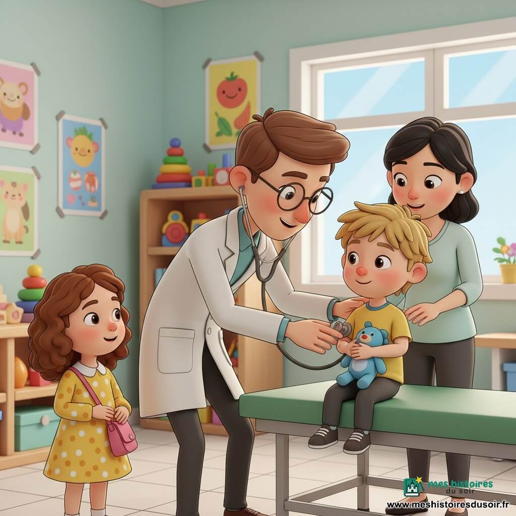 Un médecin souriant d'une trentaine d'années, cheveux bruns courts, veste blanche et lunettes rondes, pose un stéthoscope sur la poitrine d'un petit garçon blond d'environ 4 ans assis sur la table d'examen verte et tenant un doudou bleu ; à côté, Clara (6 ans) aux cheveux châtain bouclés porte une robe jaune à pois et un petit sac rose, regardant émerveillée ; la mère de Lucas, femme d'environ 30 ans aux cheveux noirs attachés, pose la main sur l'épaule du garçon, soulagée. Le cabinet est chaleureux et coloré (murs pastel, posters, jouets, grande fenêtre) ; ambiance calme, bienveillante et style enfantin.