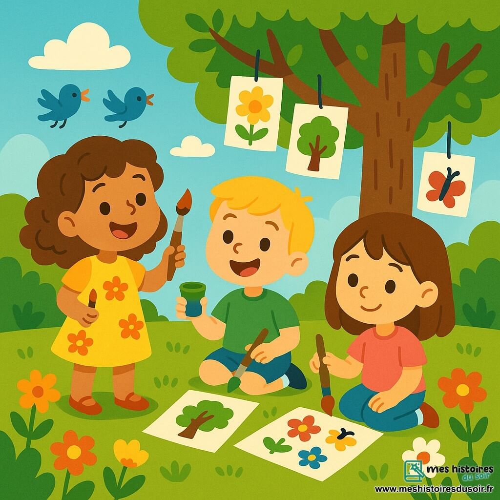 Clara (8 ans) est une petite fille aux cheveux bruns et bouclés, joyeuse, avec une robe jaune à fleurs, tenant un pinceau et un pot de peinture. Lucas (8 ans) est un garçon blond, vêtu d’un t-shirt vert et d’un short bleu, enthousiaste, peignant un arbre. Mia (7 ans), avec des cheveux châtains lisses, porte un t-shirt rose et un pantalon en jean, concentrée sur des fleurs colorées. La scène se déroule dans un parc ensoleillé avec des arbres et des fleurs. Un grand arbre est décoré de dessins colorés et le ciel est bleu avec des nuages. Les trois amis peignent ensemble, Clara encourage Mia, qui gagne en confiance. Leurs rires symbolisent l’amitié et la confiance en soi.