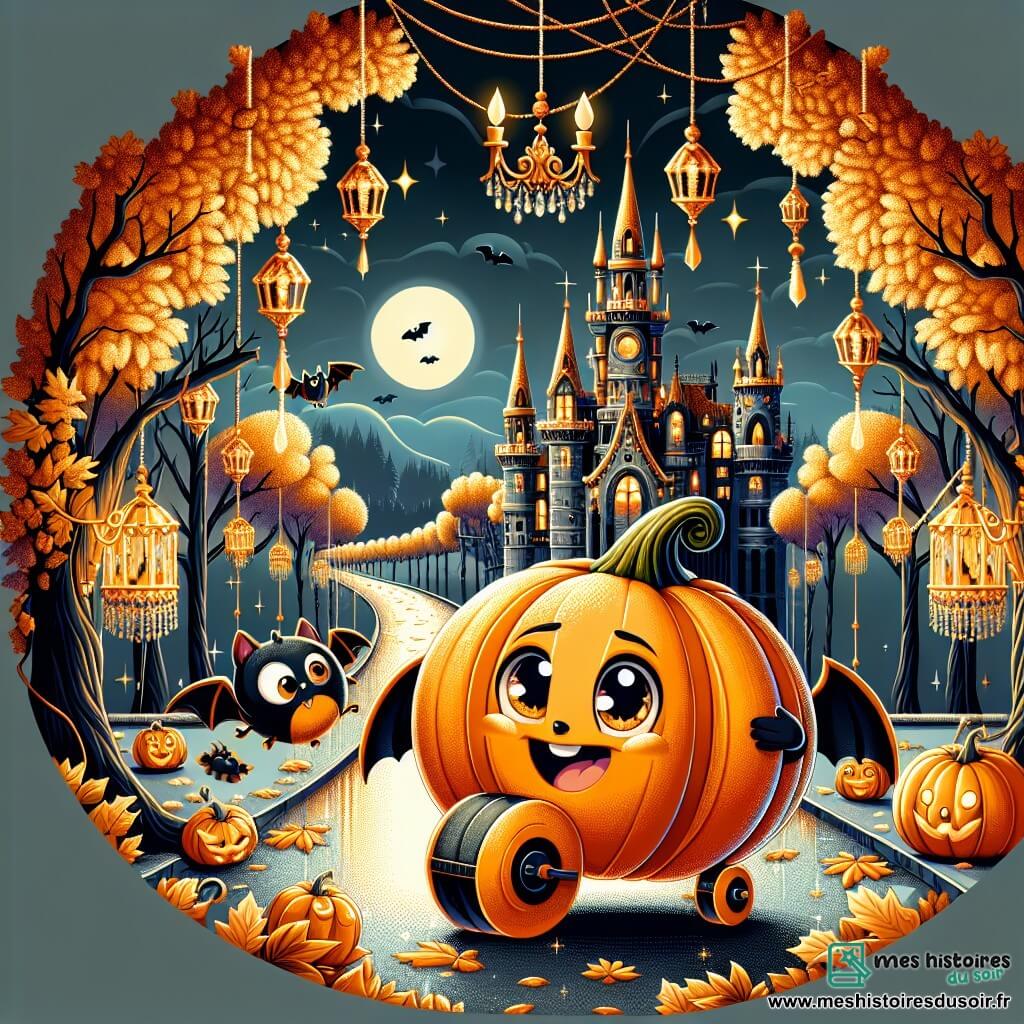 Illustration d'une citrouille anthropomorphe joyeuse avec un grand sourire, portant une cape orange, roulant sur un chemin bordé d'arbres dorés, exprimant excitation et curiosité. À côté, une petite chauve-souris avec des ailes noires et un sourire espiègle, suspendue à un lustre, semble prête à guider la citrouille. Le décor est un château mystérieux avec de grandes tours, fenêtres scintillantes et chandeliers vacillants, entouré d'une forêt sombre illuminée par la pleine lune. La citrouille découvre le château des Ombres, émerveillée par les reflets et les histoires vivantes, accompagnée de la chauve-souris. Des toiles d'araignée, lanternes scintillantes et ombres dansantes créent une atmosphère magique d'Halloween.