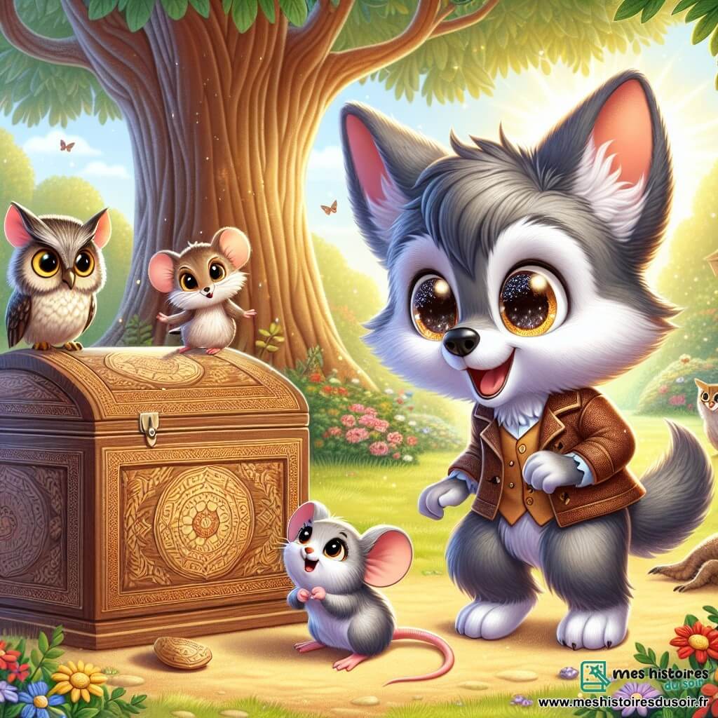 Loulou, un petit loup gris aux poils doux et aux grands yeux curieux, se tient devant une vieille boîte en bois ornée de motifs mystérieux, affichant une expression d'excitation. À ses côtés, Mia, une petite souris brune, regarde la boîte avec intrigue, prête à explorer. Oscar, un hibou sage aux plumes brunes, est perché sur une branche, observant la scène avec un sourire bienveillant. Le parc ensoleillé en arrière-plan, avec des arbres majestueux et des fleurs colorées, crée une atmosphère magique. Loulou et ses amis découvrent la mystérieuse boîte, impatients de résoudre le mystère.