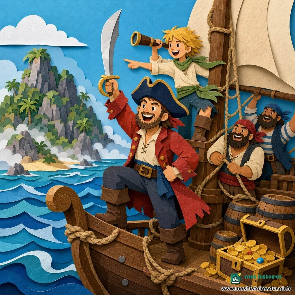 Un pirate nommé Jack, souriant et déterminé, barbe courte, tricorne bleu marine, veste rouge usée et bottes en cuir, tient un sabre brillant levé sur le pont du navire; derrière lui, John, garçon d’environ 14 ans aux cheveux blonds et foulard vert, tient une longue-vue et pointe vers une île brumeuse à gauche, tandis que deux pirates adultes à l’arrière tirent une corde et hissent la voile; pont en bois texturé avec clous, cordages noués, barriques et coffre partiellement ouvert montrant pièces d’or, vagues stylisées et île rocheuse aux palmiers et petite crique dorée en arrière-plan — ils viennent d’apercevoir l’île et se préparent à accoster, scène dynamique aux couleurs vives, formes simples et ombres légères, atmosphère d’aventure joyeuse et sûre pour les enfants.