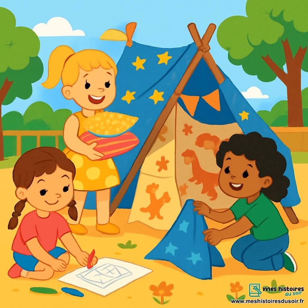 Il y a trois personnages : Clara, une fille de 5 ans avec des cheveux bruns en tresses, portant un t-shirt rose et un short bleu, assise par terre en train de dessiner des plans de cabane ; Lila, une fille de 5 ans avec des cheveux blonds en queue de cheval, habillée d'une robe jaune à pois, debout et souriante avec des coussins colorés ; et Jade, une fille de 5 ans avec des cheveux noirs bouclés, portant un t-shirt vert et un pantalon en jean, accroupie en attachant une grande couverture bleue à la structure de la cabane. La scène se déroule dans une cour de récréation ensoleillée, entourée de grands arbres, avec un sol en sable et des fleurs colorées. Les trois amies travaillent ensemble à la construction de leur cabane improvisée, échangeant des rires et des idées, ce qui témoigne de leur esprit d'équipe et de l'égalité entre filles. Les couleurs vives de leurs vêtements et des matériaux ajoutent une ambiance festive.