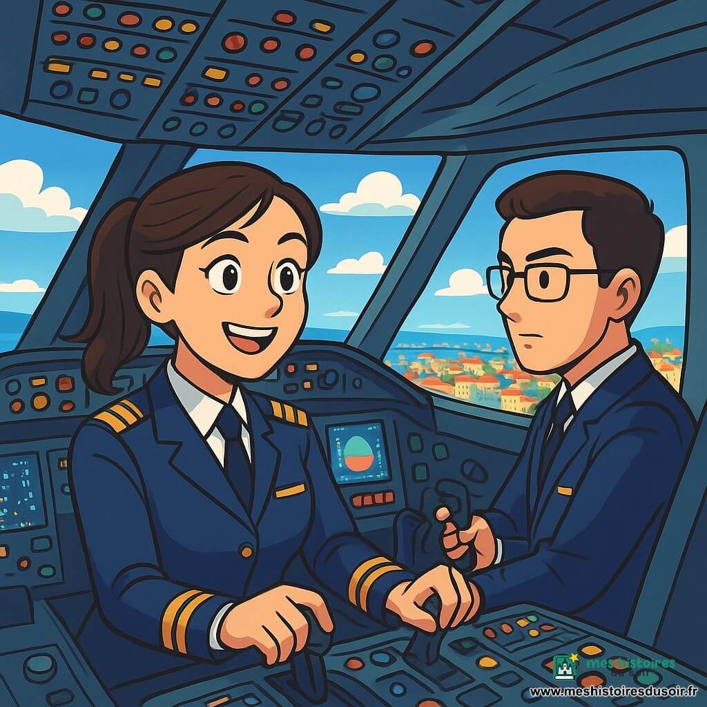 Une femme pilote, Lina, âgée d'environ 28 ans, se tient dans le cockpit d'un avion, souriante et confiante, avec des cheveux bruns en queue de cheval. Elle porte un uniforme bleu nuit orné de galons dorés. À ses côtés, son copilote Karim, un homme d'une trentaine d'années avec des cheveux courts et des lunettes, regarde les écrans avec concentration. Le cockpit est rempli de boutons colorés et d'instruments de navigation, avec un grand pare-brise offrant une vue sur un ciel bleu et des nuages blancs. En arrière-plan, la ville de Lisbonne scintille au loin. Lina et Karim se préparent au décollage, Lina rassurant les passagers alors que l'avion roule sur la piste, prêt à s'envoler.