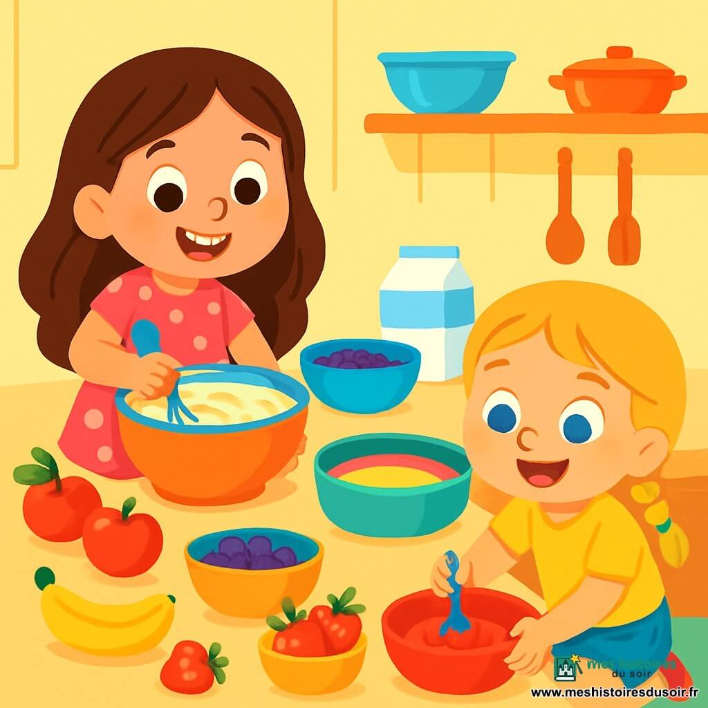 Mina et Lila, deux petites filles de 7 ans, préparent un gâteau arc-en-ciel pour l'anniversaire de Mina dans une cuisine lumineuse aux murs jaunes. Mina, avec ses longs cheveux bruns et sa robe rose à pois, mélange la pâte avec un grand sourire, tandis que Lila, aux cheveux blonds tressés et en t-shirt jaune, écrase des fraises dans un bol. La cuisine est remplie d'ingrédients colorés et la lumière du soleil crée une ambiance joyeuse et festive.
