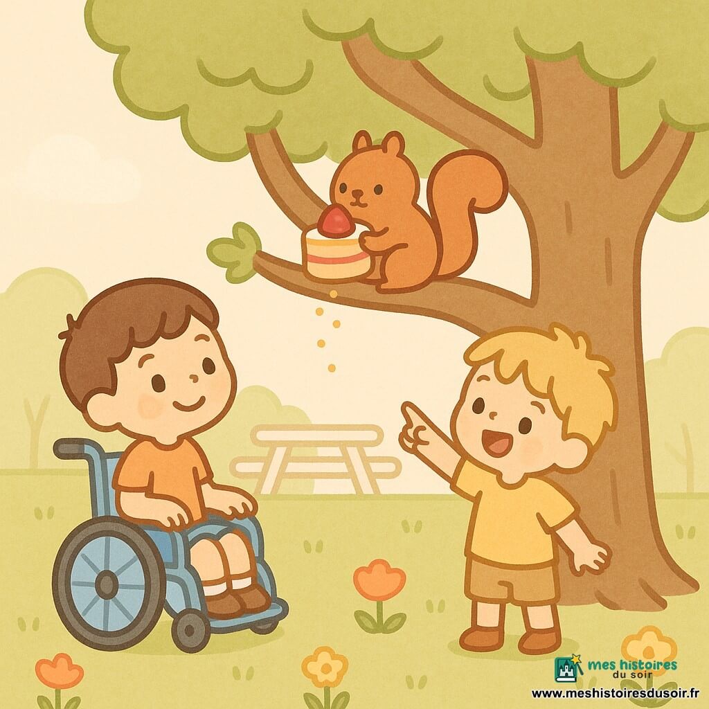 Trois personnages : Tom, garçon d'environ 6 ans à la peau claire et cheveux bruns courts, en fauteuil roulant bleu clair au premier plan gauche, souriant vers l'arbre ; Léo, garçon d'environ 6 ans à la peau un peu plus foncée et cheveux blonds en bataille, debout à droite du fauteuil, pointant avec excitation ; et un petit écureuil roux perché sur une branche basse du grand chêne, tenant une part de gâteau crème-fraise. Dans un jardin lumineux en fin d'après-midi avec pelouse et fleurs, les deux garçons regardent l'écureuil qui mange joyeusement, des miettes brillantes tombent vers le fauteuil, ambiance douce et couleurs pastel, expressions de surprise et de rire.
