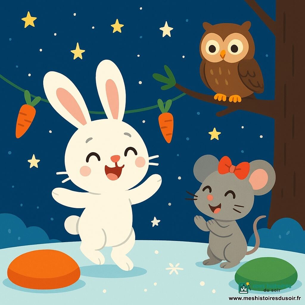 Un petit lapin blanc nommé Pompon danse joyeusement dans une clairière enneigée, entouré de guirlandes de carottes et de coussins moelleux. À ses côtés, une petite souris grise avec un nœud rouge applaudit, ses yeux brillants de bonheur. Un hibou sage, perché sur une branche, observe la scène avec un sourire bienveillant. La clairière est illuminée par des étoiles scintillantes, créant une ambiance magique. Pompon et ses amis préparent une fête joyeuse pour célébrer le Nouvel An, remplie de rires et de surprises.